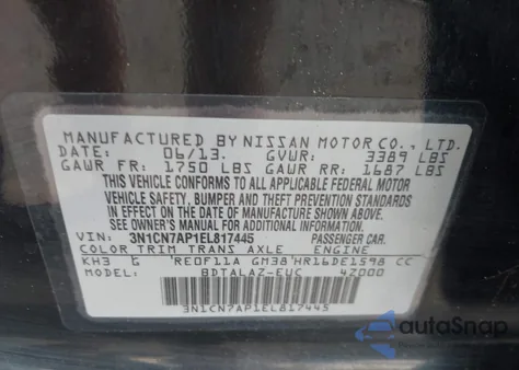 2014 Nissan Versa 1.6 S+ z USA, uszkodzony, nr VIN 3N1CN7AP1EL817445